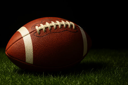 A well-used football is positioned on a lush green field, illuminated by soft light. The focus is on the balls texture and stitching, creating a rich atmosphere.の素材