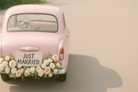 A charming pastel pink car is decorated with floral arrangements, showcasing a sign that reads just married. The couple has just celebrated their union on a beautiful sunny day.の素材