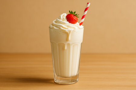 A delicious milkshake in a tall glass features whipped cream and a fresh strawberry on top. It is served with a straw, set against a warm brown background.の素材