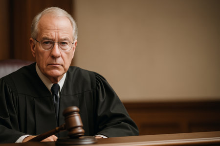 An elderly judge wearing a black robe sits at the bench, looking attentively at the court. A wooden gavel rests in front of him, highlighting the gravity of the proceedings.の素材