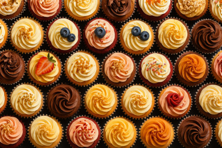 A delightful collection of mini cupcakes showcases an array of flavors, including chocolate, vanilla, and strawberry, each topped with vibrant frosting and decorations.の素材