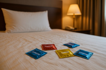 Colorful condom packets are arranged on a neatly made hotel bed, emphasizing the importance of safety and health in intimate relationships during a stay at the hotel.の素材