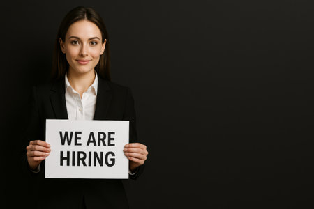 A confident woman in formal attire stands against a dark background, displaying a sign that reads We are hiring. She is promoting job opportunities in a corporate environment.の素材