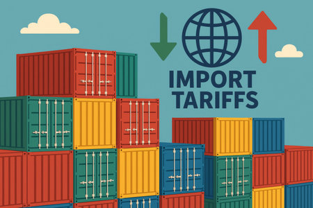 Colorful shipping containers are stacked against a blue background with arrows indicating economic changes. Text highlights the theme of import tariffs and their significance.の素材