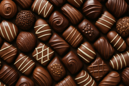 Different shapes and sizes of dark chocolate candies are arranged closely together, showing intricate designs and textures. The candies feature swirls, stripes, and clusters.の素材
