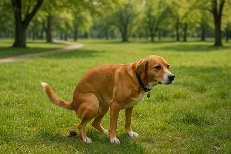 A friendly brown dog is seen taking a moment to rest in a lush green park surrounded by trees on a sunny day. The dog appears content and relaxed while enjoying nature.の素材