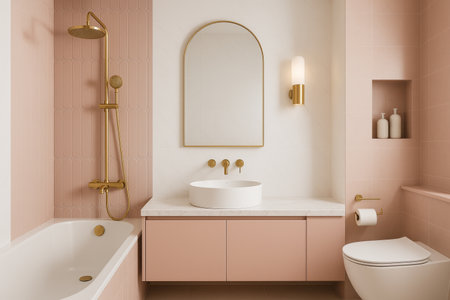 This modern bathroom features a soft pink color palette, a sleek round sink on a marble countertop, and elegant gold fixtures, creating a tranquil and inviting space.の素材