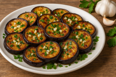 Grilled eggplant slices garnished with fresh garlic and parsley are arranged on a white platter, showing appetizing textures and vibrant colors, perfect for a healthy meal.の素材