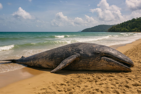 A large whale lies on the sandy shore, partially submerged in water. Waves gently lap against its body while a forested area stands in the background. The sky is partly cloudy.の素材