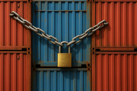 Brightly painted shipping containers in blue and red display a large padlock connected by a sturdy chain, indicating security at a storage location during daylight hours.の素材