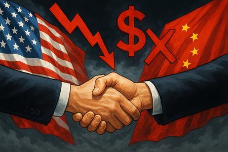 A handshake symbolizes negotiations amid economic challenges, highlighting the contrasting flags of the USA and China. This reflects ongoing global trade discussions and tensions.の素材