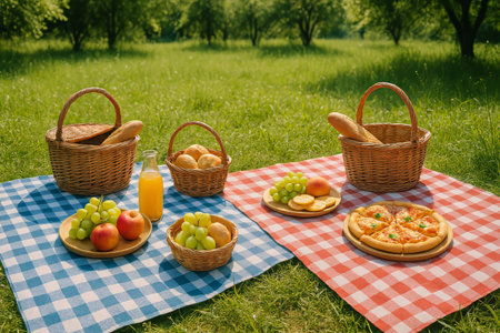 A vibrant picnic setup features woven baskets filled with bread, fruits, and pizza on red and blue checkered blankets under bright sunlight in a spacious green park.の素材