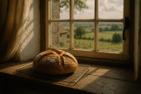 A round loaf of freshly baked bread rests on a wire rack by a window, surrounded by soft light. Outside, lush green fields stretch into the distance under a partly cloudy sky.の素材