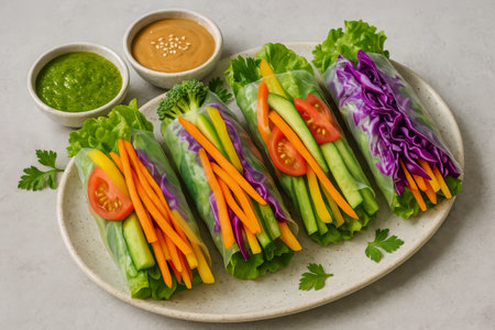 Fresh vegetable spring rolls filled with lettuce, carrots, cucumbers, and tomatoes are beautifully arranged on a plate alongside tangy sauces for dipping, perfect for a light meal.の素材