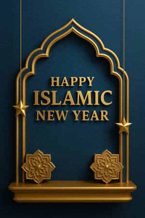 Golden decorations mark the Islamic New Year against a deep blue background, featuring intricate floral designs and arch motifs to symbolize festivity and new beginnings.の素材