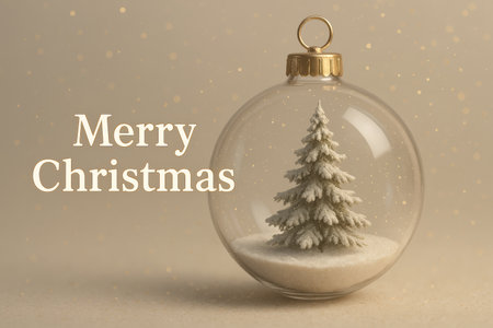 A transparent Christmas ornament displays a small snow-covered tree surrounded by white snow, with a cheerful message wishing a Merry Christmas, creating a festive atmosphere.の素材