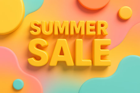 Bright yellow letters display summer sale amidst playful abstract shapes in pastel colors, creating an eye-catching promotional graphic for seasonal discounts and offers.の素材