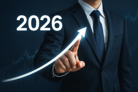 A businessman in a suit points to a growth graph indicating upward trends for the year 2026, symbolizing success and future planning in a corporate setting.の素材