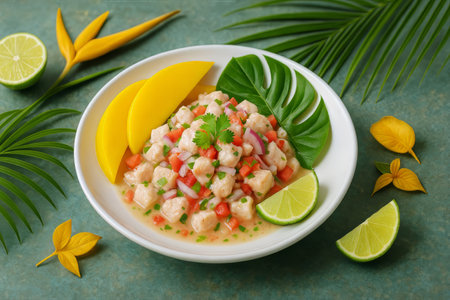 Colorful ceviche features diced fish mixed with fresh vegetables, served with ripe mango and lime wedges. Tropical leaves and fruit enhance the vibrant presentation.の素材