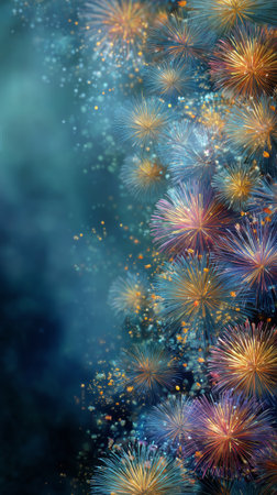 Bright fireworks illuminate the underwater scene, creating an enchanting atmosphere. Bubbles rise as the vibrant colors contrast against the dark backdrop, captivating viewers.の素材