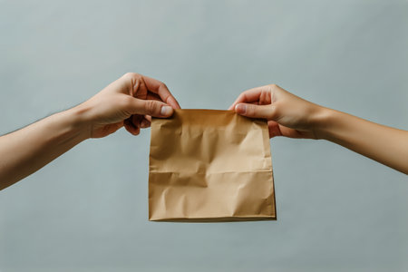 Two hands are reaching for a small paper bag in a neutral environment, showing a simple act of sharing and connection between individuals, emphasizing warmth.の素材