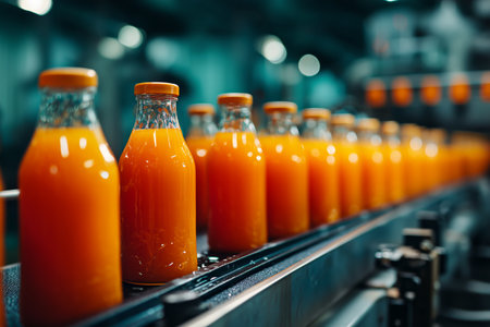 Bottles filled with fresh orange juice move along a production line in a bustling factory, showing the process of juice bottling and packaging in a clean and efficient environment.の素材