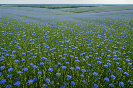 A vibrant field filled with blue wildflowers stretches across the landscape, showing natures beauty under a clear sky during spring.の素材