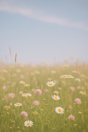 Colorful wildflowers fill the meadow under a bright blue sky. The warm sunlight creates a serene atmosphere, perfect for enjoying natures beauty.の素材