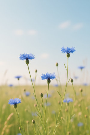 Vibrant blue flowers stand tall against a backdrop of a clear sky, surrounded by golden grass swaying gently in the sunlight on a warm day.の素材