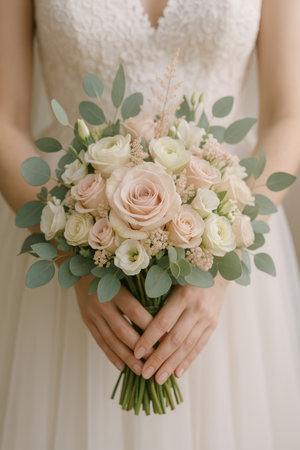 A bride in a delicate lace gown stands gracefully, holding a bouquet filled with soft pink roses and lush greenery, perfect for a romantic wedding ceremony.の素材