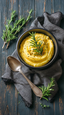 Creamy mashed potatoes served in a dark bowl, topped with a sprig of fresh rosemary, on a rustic wooden table with a vintage spoon nearby.の素材
