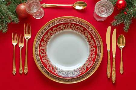 A beautifully arranged dining table features ornate red and gold china, golden cutlery, and festive decorations including greenery and ornaments, perfect for a holiday gathering.の素材