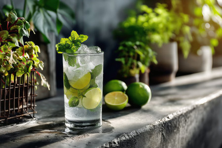 A refreshing drink with lime slices and mint leaves sits on a bright table. Nearby, fresh limes and green plants add to the cheerful atmosphere of a sunny day.の素材