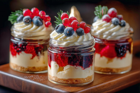 Three small jars are filled with layers of creamy dessert topped with fresh mixed berries and whipped cream. The jars are arranged on a wooden platter, showcasing the vibrant colors.の素材