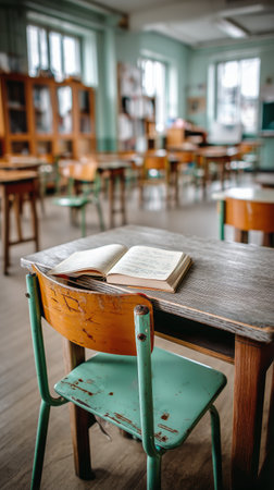 Wooden desks occupy a spacious classroom, with an open book resting on one desk. Natural light filters in, highlighting the worn furniture and educational atmosphere.の素材