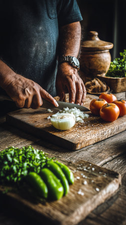Hands skillfully chop fresh onions and peppers while preparing ingredients for a meal in a cozy kitchen filled with natural light.の素材