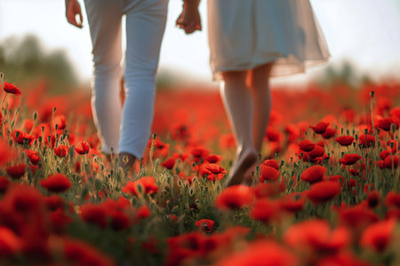 Couple strolls together, hand in hand, through a vibrant poppy field. The sun sets behind them, casting warm colors across the landscape filled with blooming flowers.の素材