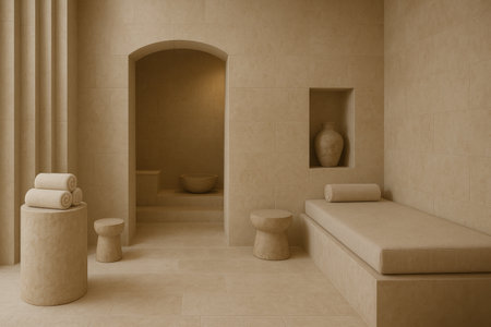 Soft beige colors fill a serene spa interior featuring cozy seating, elegant pottery, and a calming atmosphere that invites relaxation and rejuvenation.の素材