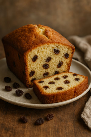 A golden loaf of sweet bread with plump raisins sits on a rustic plate, with one slice cut to reveal its soft texture. The warm atmosphere invites indulgence.の素材