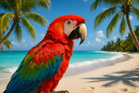 A parrot with vibrant red, blue, and green feathers sits on soft sand. Palm trees frame the tranquil beach, while gentle waves kiss the shoreline under a clear sky.の素材