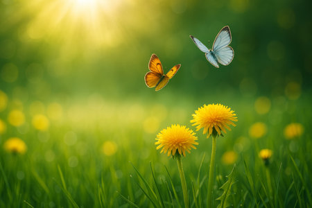 Two vibrant butterflies flutter around bright yellow dandelions, basking in the warm sunlight of a beautiful spring afternoon, creating a lively atmosphere in the grassy field.の素材