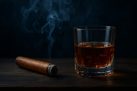 A glass of whiskey sits on a wooden table beside an unlit cigar, with a wispy trail of smoke rising softly in a dimly lit space, creating a warm, inviting atmosphere.の素材