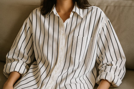 A person sits relaxed on a couch, dressed in a loose striped shirt. The indoor atmosphere is cozy, featuring neutral tones that enhance the laid-back vibe.の素材