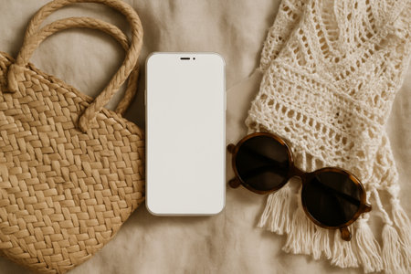 Handcrafted woven bag, a blank smartphone, and stylish sunglasses lie together on a warm fabric backdrop, creating a relaxed summer vibe perfect for outdoor adventures.の素材