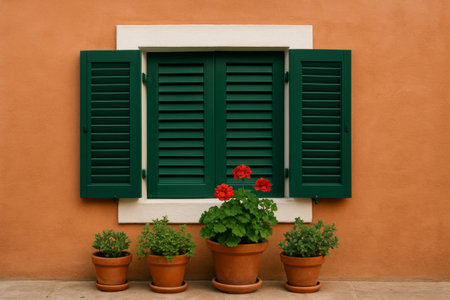 Brightly colored potted plants adorn the base of a green shuttered window set in a warm orange wall, creating a welcoming atmosphere in a sunny courtyard.の素材