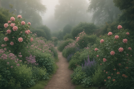 A picturesque garden filled with blooming roses in shades of pink stands shrouded in morning fog. A winding path leads through the lush greenery, inviting exploration and tranquility.の素材