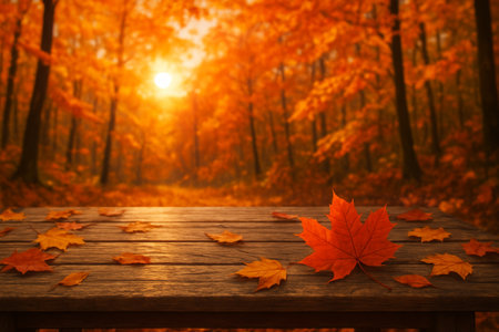 A wooden table is covered with vibrant orange leaves in a forest. The warm sunlight filters through the trees, casting a golden hue over the serene autumn landscape.の素材