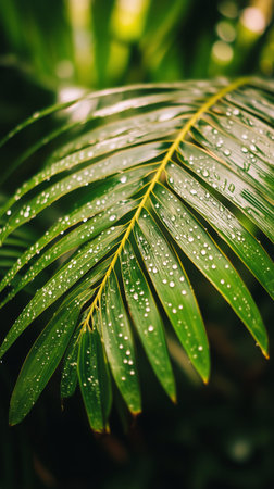 Bright green palm fronds display glistening water droplets, showing natures beauty after a recent rain shower in a vibrant tropical environment.の素材