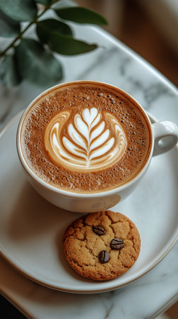 A beautifully crafted latte with intricate leaf design sits beside a chocolate chip cookie on a marble table. The warm tones create a cozy ambiance perfect for enjoying treats.の素材