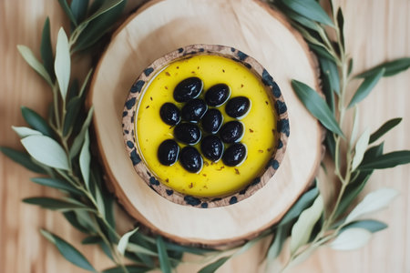 A bowl of vibrant olive oil dip topped with black olives is presented on a wooden platter surrounded by green leaves. Natural light highlights the colors and texture.の素材